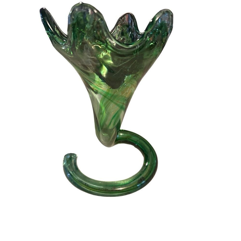 Hand Blown Murano Style Art Table Glass Vase Green Swirls and Spiral Base Unique